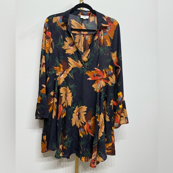 Umgee Size L Black Midi Dress with Orange and Yellow Floral Design V-Neck Flare - Picture 8 of 8